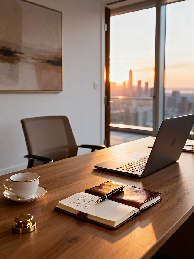 A cinematic photograph of a minimalist executive office at golden hour, viewed from the doorway. The scene shows a 35+ successful woman's office, with floor-to-ceiling windows revealing a blurred city skyline at sunset. Warm golden sunlight streams across a clean Scandinavian oak desk. On the desk: four meaningful items - a laptop computer, a vintage fountain pen lying diagonally across an open leather-bound notebook showing a half-written sentence, an empty white ceramic coffee cup with a delicate gold rim, and a small brass paperweight. An ergonomic chair is slightly pushed back, as if someone just stood up. On the wall: a single large abstract art print in muted earth tones. The atmosphere is serene, sophisticated, bittersweet - a space of accomplishment now being left behind. Shot with a 35mm lens, shallow depth of field, focus on the desk, cinematic lighting, photorealistic, 8K detail, soft shadows, film grain texture, color palette: warm whites, oak browns, brass accents, golden light.