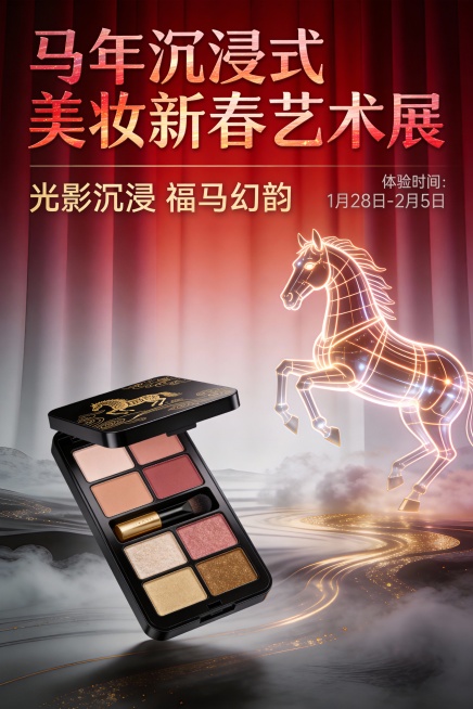 这张马年沉浸式美妆新春艺术展运营海报采用光影艺术国风风，是未来高级与马年祥瑞氛围的融合设计，适配沉浸式美妆展的体验场景。
主体围绕光影美妆装置展开：渐变绯红的光影幕布前，悬浮着带幻金马纹的美妆产品，旁预览效果