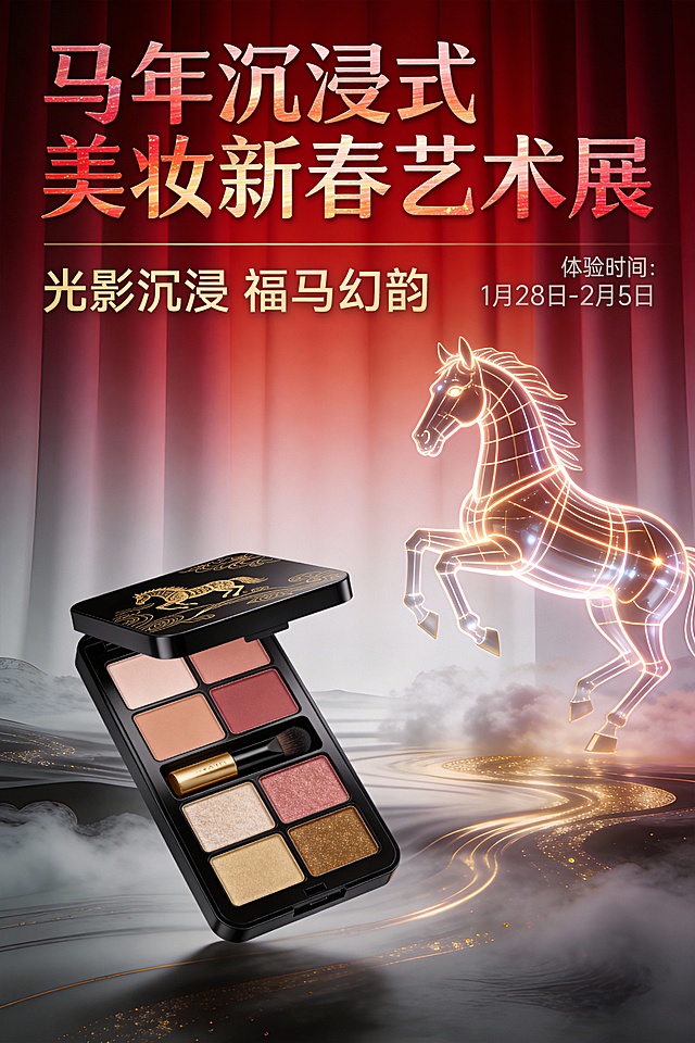 光影感与霓虹灯风交织，鎏金风妆盘邂逅虚拟现实骏马，国潮风与科技感碰撞，演绎中式喜庆的梦幻奢华新春艺术。
