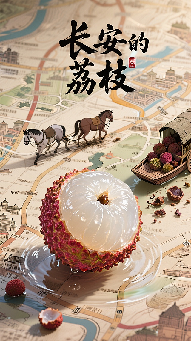 画面标题是书法艺术字体“长安的荔枝”，一颗剥开的新鲜荔枝，背景是一副多条线路的古地图，地图上很小一辆马车、一匹倒下的马，船和散落的腐坏的荔枝，仰视角度