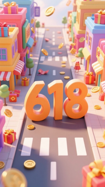 巨大3D数字“618”，画面以充满活力的 3D 卡通风格构建出购物街场景无人。 两侧建筑色彩丰富，点缀着礼物盒、金币等元素，营造热闹氛围。象征消费者参与购物狂欢预览效果