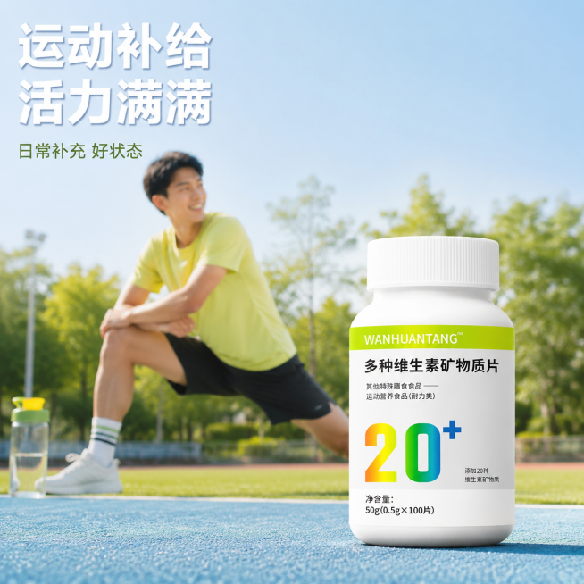 [主图-4] 多种维生素矿物质片运动场景代入主图。
[氛围风格] 活力生活方式，真实自然运动氛围感；
[画质] 商业摄影质感，光线明亮通透，产品清晰真实，画面干净高级。
[元素] 多种维生素矿物质片瓶预览效果