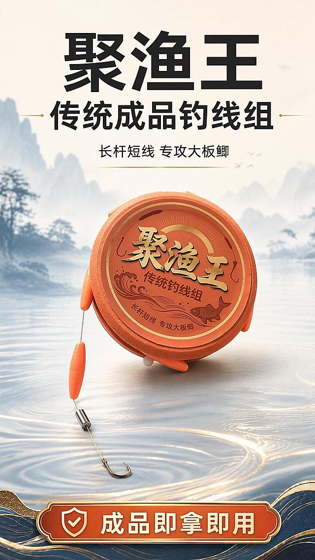 [第1屏] 详情页头图-聚渔王传统钓线组产品宣传海报。本屏使用【图3】作为商品主体。
[氛围/风格] 专业渔具户外风格，橘金配色，高清商业摄影质感，突出产品专业调性。
[元素布局] 产品主体位于画面中央偏上位置，占比约65%，背景搭配浅蓝淡墨山水远景，底部加入水波纹装饰元素；保留产品原始物理结构、颜色、轮廓与文字信息一致，突出产品圆形线轴和完整线组结构。
[光影质感] 正面柔光打光，背景虚化处理，主体清晰有层次，下方自然投影，突出产品立体感。
[配色色系] 全局底色 #F9F3E8；主色为产品橘红色，辅助色金色勾边点缀，浅蓝背景。
[视角构图] 正面平视视角，产品居中展示，阅读动线从上标题 → 中心产品 → 底部信息条。
[文字版式] 版式为顶标题 + 中心产品 + 底部信息条。主标题「聚渔王 传统成品钓线组」，副标题「长杆短线 专攻大板鲫」，加粗黑体居中展示，文字不遮挡产品主体，底部信息栏标注「成品即拿即用」，清晰醒目。
[比例分辨率] 9:16 竖版比例，4K分辨率，文字清晰可辨，高清画质。
[负向提示词] 产品变形，缺件错件，颜色偏差，包装文字错乱，水印，文字模糊，背景杂乱。