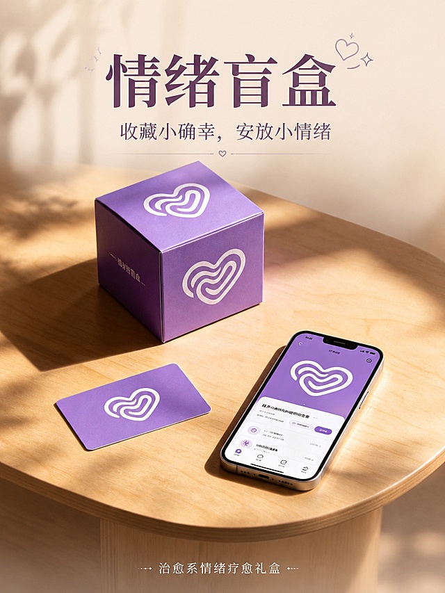 [第1屏] 详情页头图-香芋紫治愈系情绪盲盒礼盒宣传海报。本屏使用【图5】作为主体商品展示。
[氛围/风格] 温馨治愈氛围感，浅暖调光影，高级简约商业摄影质感。
[元素布局] 紫色盲盒礼盒置于画面左上，卡片和手机产品展示在右下，整体布局舒展；背景为原木桌面搭配柔和阳光阴影；保留商品原有结构、颜色、比例与输入产品图一致，主体占画面约70%。
[光影质感] 左侧自然柔光入射，产品下方投射轻柔阴影，突显礼盒质感，整体明暗层次清晰通透。
[配色色系] 全局底色 #F8F2F0；主色香芋紫；辅助色暖橘、原木浅棕。
[视角构图] 斜侧45度俯视视角，产品为视觉中心，阅读动线从上到下。
[文字版式] 主标题「情绪盲盒」，副标题「收藏小确幸，安放小情绪」，居中对齐上方；底部小字标注「治愈系情绪疗愈礼盒」；文字不遮挡主体产品。
[比例分辨率] 3:4 竖版比例，4K分辨率，文字清晰可辨，高清画质。
[负向提示词] 产品变形，缺件错件，颜色偏差，水印，文字错乱，产品图模糊，文字过小