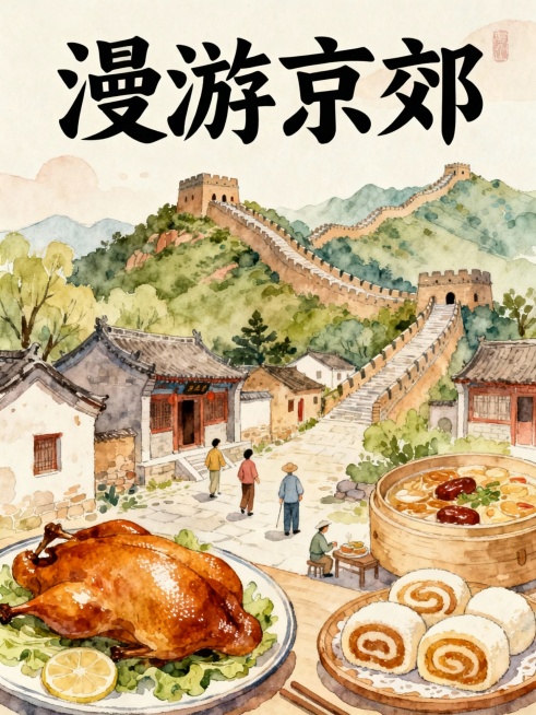 做一个“漫游京郊”的海报，有漫游京郊四个字，背景和主题很搭配，用唯美手绘艺术风格来绘制，背景体现人文和美食的搭配，画面协调统一预览效果