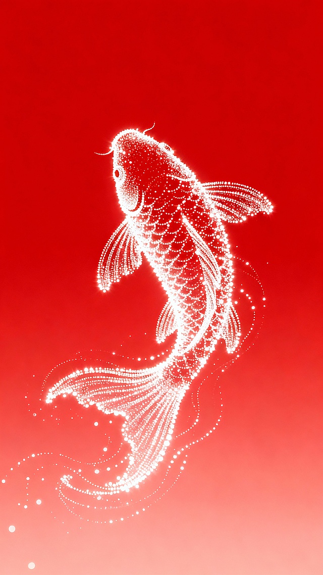 高饱和度渐变红色背景，画面中央由无数白色光点组成抽象锦鲤逐浪轮廓，锦鲤体态舒展自然，光点随浪涛轨迹流动飘逸，光影交织展现活力与吉祥，大量留白，强调锦鲤逐浪中心构图