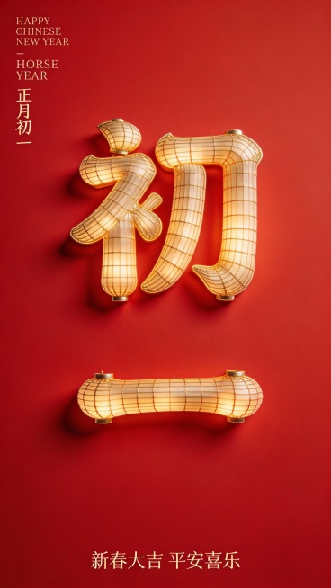Greg Rutkowski 风格 3D 灯笼字“初一”，每一笔皆由精细金色灯笼纹理构成，灯笼纹理真实、细密、层次分明，具有东方节庆质感，边缘柔化处理，细节圆润不过硬。极简纯红色背景，干净、克制、高级预览效果