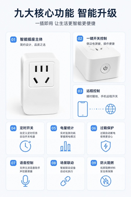 [第3屏] 核心卖点总览-WiFi智能插座九大功能全览。本屏使用【图1】【图2】分区域展示。
[氛围/风格] 简约清晰卡片风，浅灰背景干净通透，信息层级清晰。
[元素布局] 左侧大卡片使用【图1】展示预览效果
