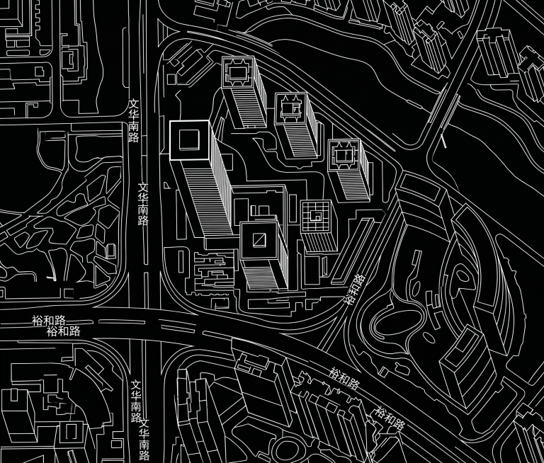 参照这张卫星图，提取建筑物、道路和河流的轮廓，生成简洁的CAD线稿图，仅保留轮廓线条，去掉所有文字标注和色彩填充预览效果