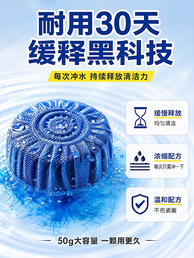[主图-3] 材质细节与耐用品质图，展示洁厕宝的质地、缓释技术和耐用性，抖音电商品质感风格。
[统一基调] 整体风格为洁净明亮的家居清洁风，背景主色为清透浅蓝渐变搭配白色高光，标题字色为深蓝+白色描边，辅助字色为深灰，强调色为亮黄色，字体为粗黑体无衬线，字号层级分明，卡片用圆角半透明白底，图标简洁线性。
[画面] 画面主体是一颗蓝色洁厕宝的微距特写，占画面中央约50%，展示其蓝色网状外层包裹结构和内部紧实的清洁成分质地，表面有细微水珠，呈现湿润晶莹感。洁厕宝周围有缓慢溶解的蓝色清洁液扩散效果，用半透明蓝色波纹表现缓释过程。右侧有三个竖向排列的品质标签卡片：第一张卡片配沙漏图标+"缓慢释放 均匀清洁"，第二张卡片配水滴层叠图标+"浓缩配方 每次只需冲一下"，第三张卡片配盾牌图标+"温和配方 不伤瓷面"。背景是纯净的浅蓝渐变，有细微的水波纹光影。
[光影质感] 微距商业摄影质感，侧逆光突出洁厕宝的纹理层次和水珠光泽，蓝色通透有深度，阴影柔和，整体精致高级。
[配色] 背景浅蓝渐变，洁厕宝深蓝色带光泽，卡片白底蓝字，强调数据用亮黄色，整体干净通透。
[文字版式] 顶部大标题"耐用30天 缓释黑科技"，深蓝色粗黑体带白边，居中。右侧三张卡片竖向排列，每张卡片有图标+短文字，文字左对齐，字号适中。底部小字"50g大容量 一颗用更久"。
[输出要求] 比例3:4竖版，文字清晰，微距细节清楚，产品质感真实，无错字，无水印，无平台logo。禁止产品变形、材质虚假、文字模糊。