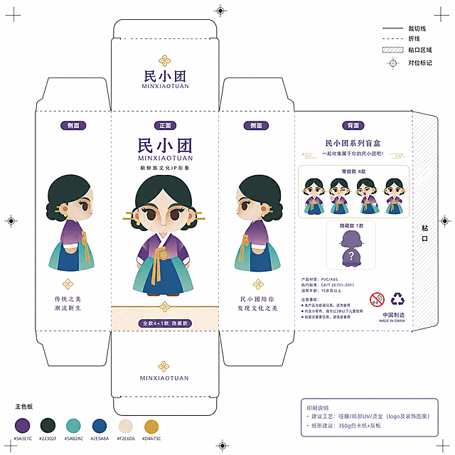 基于提供的朝鲜族IP形象民小团，生成简约美观的盲盒刀版图，保留IP形象特征，布局简洁清晰，适合盲盒制作裁切，风格简约现代