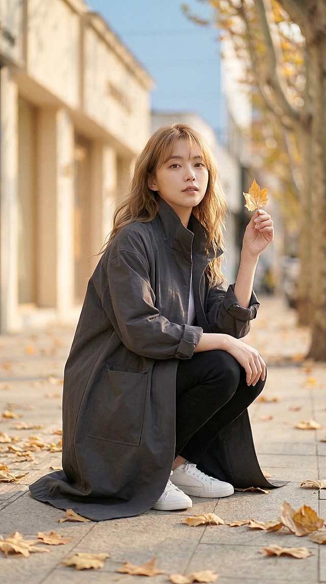 抖音女装带货商业人像摄影，索尼A7M4拍摄，50mm f1.8大光圈，浅景深背景虚化，韩系松弛感街拍风格，秋日暖调柔和侧逆光，色彩通透自然，服装面料质感清晰可见。模特为168cm清冷感韩系女生，浅棕亚麻大波浪卷发，空气感碎发，淡伪素颜妆，眉眼舒展，气质慵懒随性，保持模特样貌不变。动作：蹲在铺满金黄落叶的人行道上，一只手撑在膝盖上，另一只手随手捡起一片落叶看向镜头，风衣下摆自然垂落在身侧。服饰细节：上身穿着深炭灰色立领中长款oversize风衣，落肩宽松版型，单排暗扣门襟，双侧大贴袋，挺括垂坠防风面料，袖口自然挽起；内搭基础款圆领白色T恤，下身搭配黑色紧身显瘦鲨鱼裤，脚穿白色小白鞋。场景：秋日午后的城市梧桐街道，铺满金黄落叶的人行道，背景是浅米色沿街店铺，澄澈的蓝天，下午3点黄金时刻的柔和阳光，画面干净整洁，无多余杂物，重点突出风衣版型和上身效果。