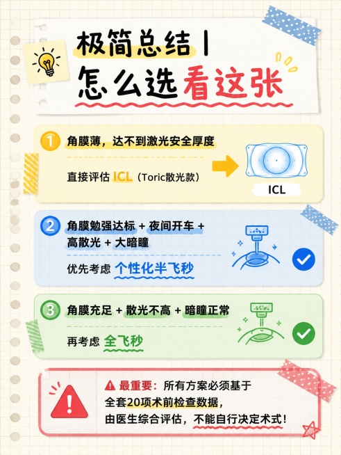 小红书笔记配图，最终选择总结建议图，手账拼贴科普风，版式精美，小红书笔记内页质感，信息层级清晰。主标题：「极简总结｜怎么选看这张」。画面分为三个编号步骤，从上到下排列：第1步黄色块，标题「①角膜薄，达预览效果