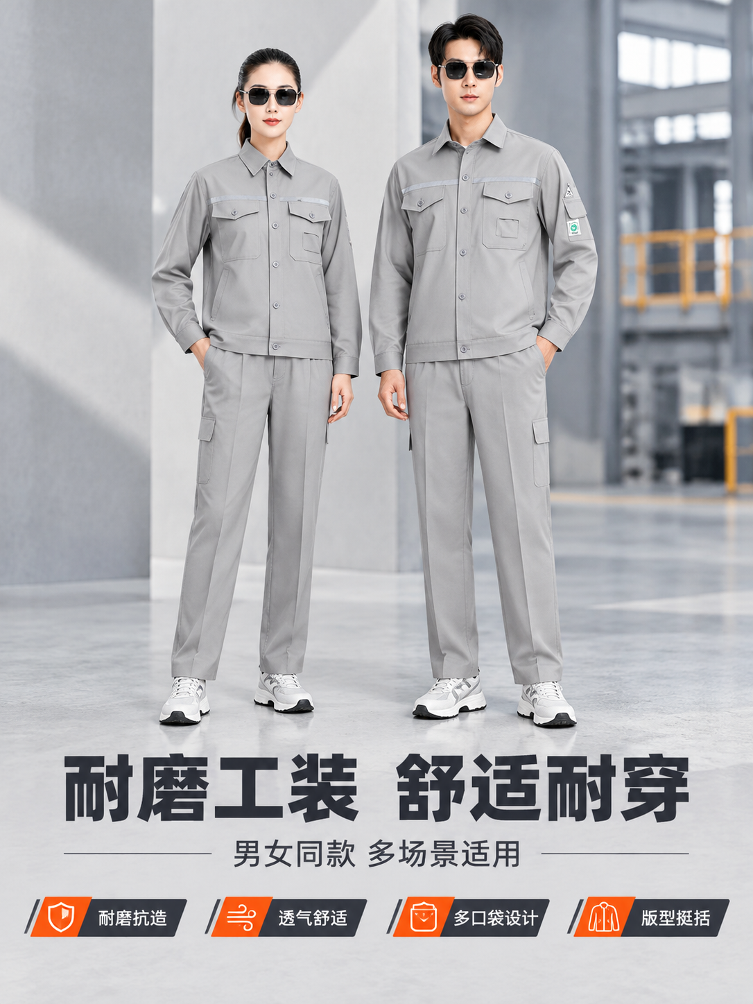 [商品] 使用【图1】浅灰色长袖劳保工作服套装（男女同款）；商… - 图片创意预览