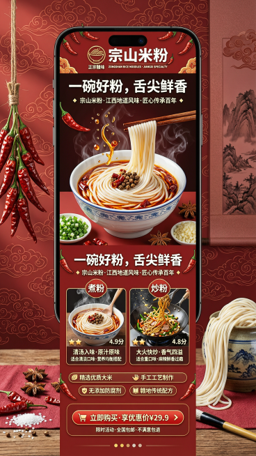 宗山米粉H5体验页，红色主色调体现江西热辣，主图是一碗加了红辣椒的宗山米粉，赣味红汤底，色泽洁白筋道，筷子拉开拉丝效果，标题"一碗好粉，舌尖鲜香"，展示煮、炒两种吃法，整体风格热辣有食欲，适配手机竖屏预览效果