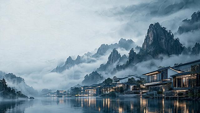 顶级东方人文风景建筑摄影，国际奢华度假区PPT封面背景，16:9宽高比。画面背景为大面积留白，采用月白与极浅的黛蓝色调，如宣纸质感，左上角留出充裕空间用于放置烫金主标题。背景深处是翻涌的极简云雾，呈现墨青色。背景的云雾下方，黄山奇峰的巍峨剪影如刀削般硬朗，极具压迫感。画面下方局部，现代徽派水街建筑（采用深色金属与玻璃材质）错落掩映在云雾之中，屋檐下透出极淡的香槟金色暖光，倒映在灵动的麻川河水面上。主色调墨青、黛蓝、月白，点缀极少的香槟金。摒弃所有红、橙、绿、黄。极其震撼、克制、深邃、安缦酒店级别。无人物，无飞鸟。无文字，无水印，无广告海报。摄影质感，高清细节，raw风格。