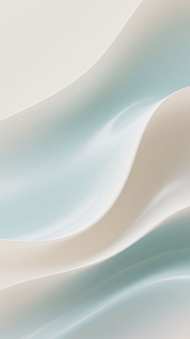 高级简约背景，柔和的米白色与淡青色渐变融合，呈现出细腻流畅的液体流动纹理，如丝绸般顺滑的质感，自然形成的优雅波浪曲线，整体画面纯净通透，光影柔和过渡，营造出宁静、雅致、舒适的视觉氛围，极简主义设计风格，留白充足，色彩和谐统一，具有高级感的抽象背景。