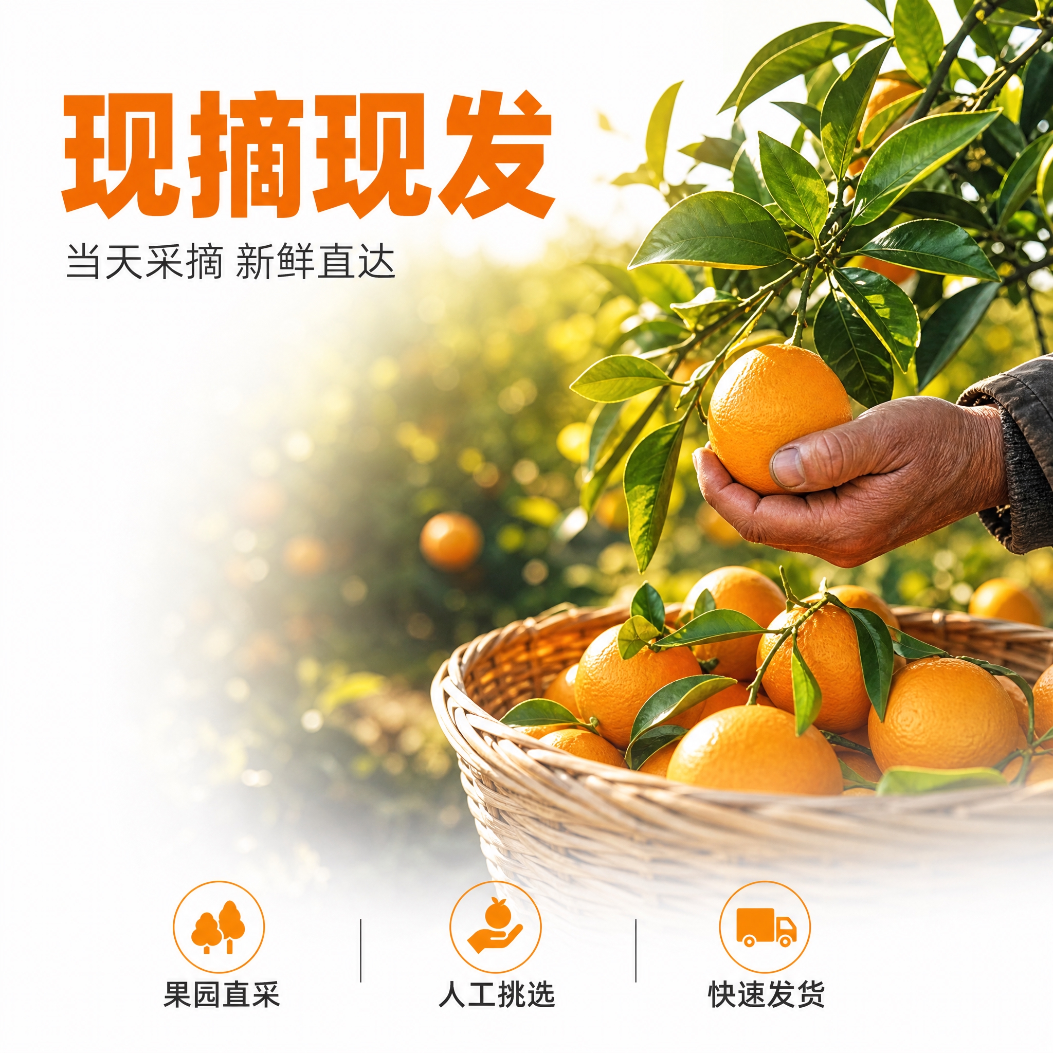 [主图-4] 城固蜜桔现摘现发场景图，突出果农现摘现发新鲜直达… - 图片创意预览