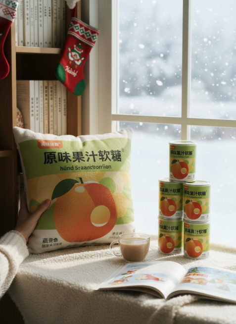 写实摄影风格。画面主视觉是商品与抱枕的合影。画面右侧是3个商品堆叠摆放，左下方有一只手举着一个方形毛绒抱枕（长毛绒质感蓬松），上面印着图示商品包装。场景是居家飘窗，米白毛绒毯铺窗台，摆热奶茶杯与雪天绘预览效果