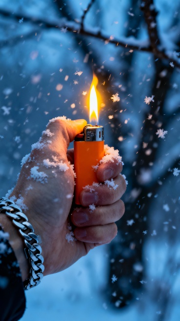 一只戴着银色金属链手表的手，正紧握一个橙色打火机，打火机顶端燃烧着一小簇明亮的黄色火焰，火焰在寒冷的空气中微微摇曳。雪花正密集地从空中飘落，覆盖在手部、打火机和背景的模糊树木枝干上，雪花在火焰的映照下闪烁着微光。整体画面采用写实风格，光影对比强烈，火焰的暖色调与周围的冷色调形成鲜明对比，营造出一种在严寒中坚守温暖与希望的静谧而略带忧郁的氛围，背景虚化处理，突出手部和火焰的主体地位，雪花的动态感……预览效果