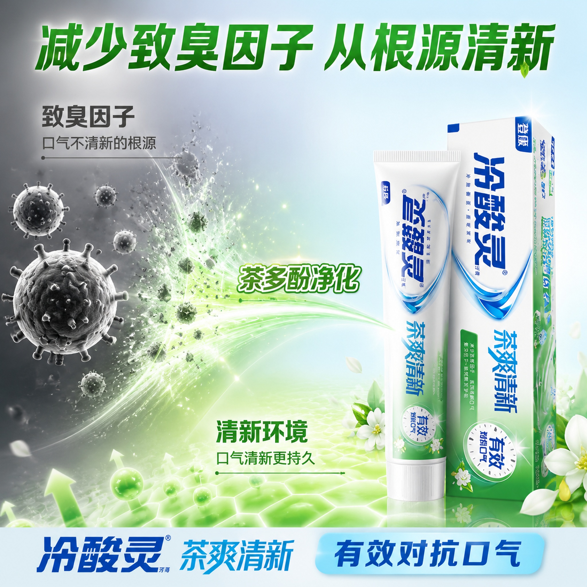 [特点图-7] 冷酸灵茶爽清新牙膏减少致臭因子功效特点展示图… - 图片创意预览