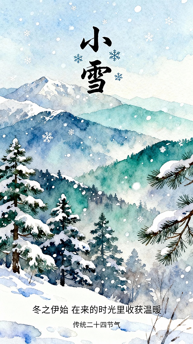中国传统二十四节气小雪主题海报，水彩画风格，以淡蓝色、青绿色和白色为主色调，描绘层叠的远山被薄雪覆盖，山间点缀着被白雪压弯枝头的松树和杉树，天空飘着零星雪花，营造出宁静悠远、略带清冷的初冬氛围。画面上方有手写毛笔字体“小雪”二字，旁边点缀小雪花图案，下方配有“冬之伊始 在来的时光里收获温暖”和“传统二十四节气”的文字，整体构图采用竖版布局，视觉层次分明，色彩晕染自然柔和，体现出水彩特有的透明感和流动性，符合中国传统节气的文化韵味与审美意境。