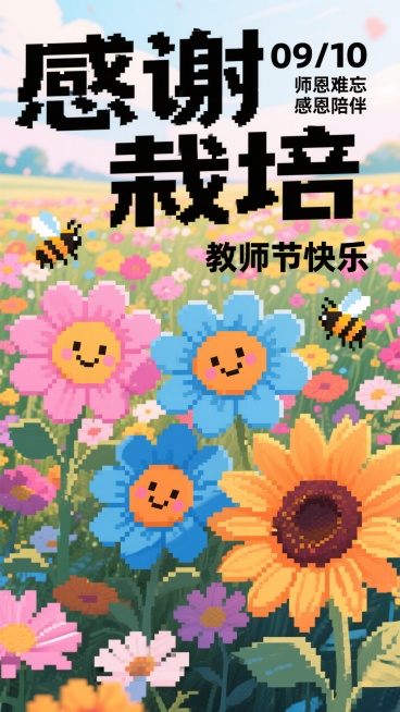像素风，黑色字标题“感谢栽培”+“教师节快乐”标语，搭配向日葵（粉/蓝/橙，带笑脸表情）、小蜜蜂，背景花田，补充日期“09/10”与”师恩难忘，感恩陪伴”预览效果
