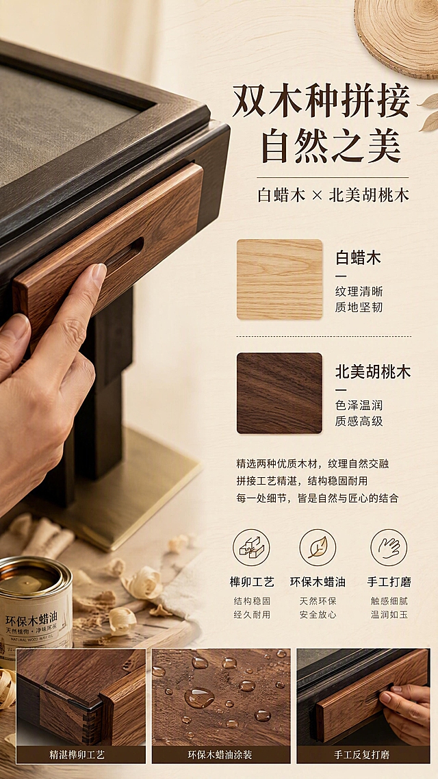 [第3张] 材质工艺页-白蜡木与北美胡桃木双木种解析。本张使用【图1】作为商品主体，重点展示抽屉部位木纹材质。
[氛围/风格] 自然质感风，原木肌理，高级材质特写摄影质感。
[元素布局] 画面左侧为麻将桌抽屉木纹大特写，占比约50%，清晰展示白蜡木与北美胡桃木的纹理差异、拼接工艺、木拉手细节；右侧为材质说明区；背景为浅米色+原木纹理装饰；点缀元素：木屑、木纹样本、木蜡油罐、工匠手部轻触抽屉表面。
[光影质感] 侧光照明突出木纹立体感与肌理，柔光箱补光减少硬阴影，木材表面温润有光泽，金属拉手有高光点。
[配色色系] 全局底色 #EDE4D3（浅木色）；主色胡桃棕+浅木色；辅助色米白+黑色；点缀色古铜金。
[视角构图] 左侧特写+右侧文案的左右构图，抽屉45°角特写，阅读动线从左至右。
[文字版式] 右侧上半部分主标题「双木种拼接 自然之美」，副标题「白蜡木 × 北美胡桃木」；下方两块材质说明：白蜡木「纹理清晰 质地坚韧」+ 胡桃木「色泽温润 质感高级」；底部工艺标签「榫卯工艺」「环保木蜡油」「手工打磨」；字体为宋体标题+黑体正文，字色深棕。
[比例分辨率] 9:16 竖版比例，4K分辨率，文字清晰可辨，高清画质。
[负向提示词] 木纹模糊，材质失真，颜色偏差，水印，文字错乱，产品变形，背景杂乱。