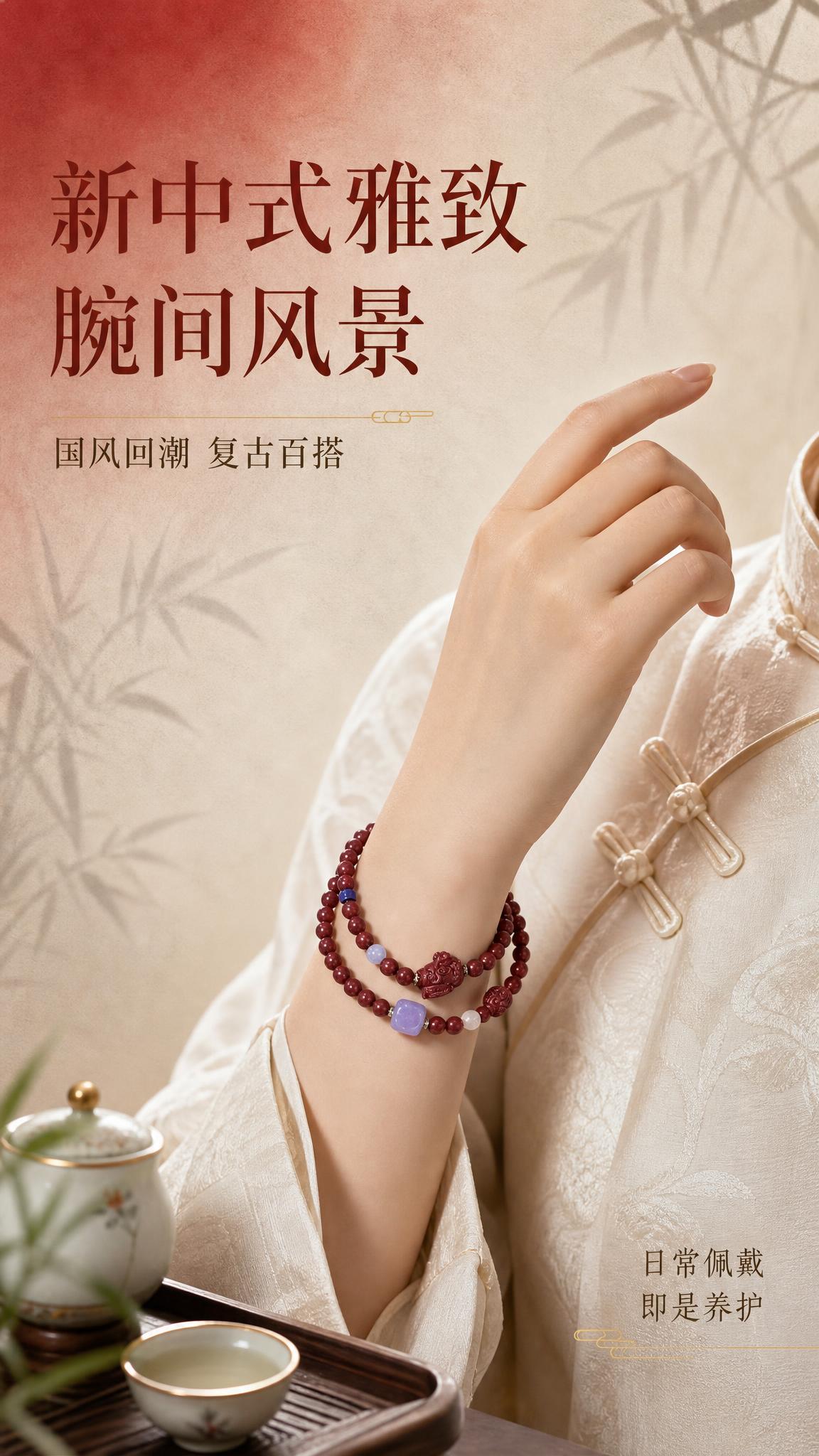 [主图-13] 新中式穿搭氛围感图，展示手串搭配新中式服饰的雅… - 图片创意预览