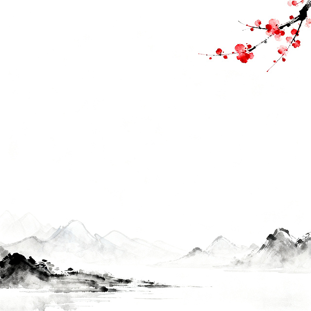 800×800像素电商产品主图，纯白色背景基底，淡雅浅墨中国山水画意境，远山层叠、江面留白，墨色极浅近乎透明仅隐约可见轮廓，加入红色水墨元素，几笔朱砂红勾勒梅花枝，与水墨山水形成红白黑雅致对比，整体风格简洁禅意高级，突出渔具精致感，适合电商SKU展示，图片四周预留少量留白，底部预留后期文字位置，画面无文字