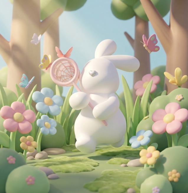 将可爱的3D风格白色持粉色捕虫网小兔形象添加到上传的图片中，融合自然，风格协调预览效果