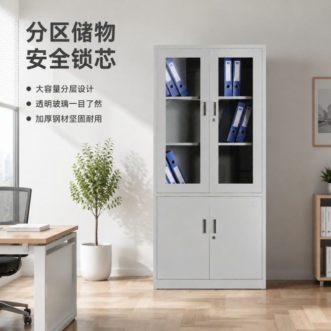 [主图-1] 办公室场景展示大容积办公文件柜，突出整洁收纳的秩序感。
[氛围风格] 现代简约商务风，整洁明亮
[画质] 商业摄影质感，光线柔和通透，产品清晰真实，画面干净高级
[元素] 保持文件柜外观预览效果