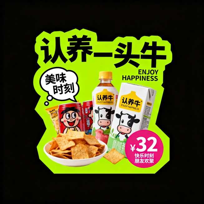 中间有零食饮料。荧光绿,主标题“认养一头牛”，辅以英文“ENJOY HAPPINESS”；左侧气泡文案“美味时刻”，右下角粉色圆形价格“¥32”，小字“快乐时刻 朋友欢聚”。预览效果
