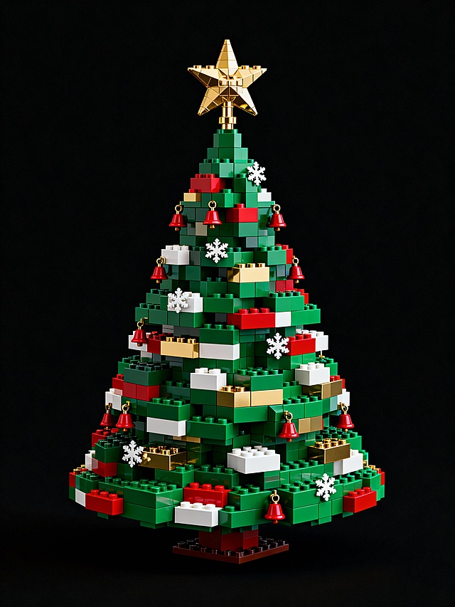 3D微缩艺术风乐高圣诞树，拼贴式积木构建，塑料质感鲜明，红绿金配色洋溢喜庆温馨，趣味十足的节日创意设计。