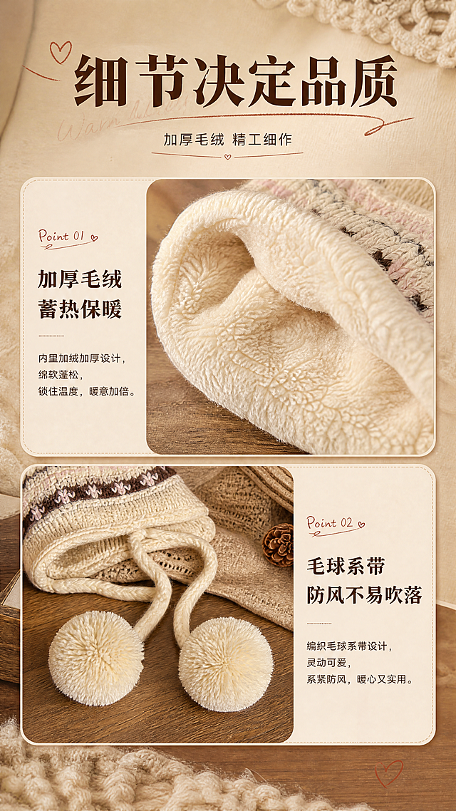 [商品] 使用【图4】米白款费尔岛毛球护耳针织帽细节图；保留加绒内里的毛绒质感、针织纹理、毛球系带的编织工艺、护耳结构；增强毛绒绒感和针织纹理清晰度，不改变材质和结构。
[画面] 目标：面料细节页，突出加绒保暖与工艺品质。构图：竖版9:16，上方主标题区，中部上下分两栏：上栏展示加绒内里微距特写，下栏展示毛球系带工艺特写，每栏配短卖点。阅读动线：从上到下。场景：暖米色肌理背景+木质桌面承托，营造温暖质感，3层以上视觉层次。
[视觉] 套系策略：风格=韩系复古暖调画报风；标题字=复古衬线粗体+轻手写装饰；正文字=简洁无衬线体；主色=奶杏米白；背景延展=基于奶杏米白做深浅层级、暖棕渐变、木纹/针织纹理质感；强调色=复古红棕，仅用于小面积标签、引线、装饰线；标题色=深咖棕；正文色=暖灰棕；组件=圆角浅底信息卡、细棕线引线、小标签底衬；光影=左前侧暖柔光，侧光突出毛绒纹理，整体暖棕色调。
[文字] 顶部主标题：「细节决定品质」，副标题小字：「加厚毛绒 精工细作」。上栏图旁配文：「加厚毛绒 蓄热保暖」；下栏图旁配文：「毛球系带 防风不易吹落」。全部横排，字号层级分明。
[规格] 比例9:16竖版，分辨率4K，质量medium。避免变形、错字、文字过小、冷蓝背景、材质失真、极限词。