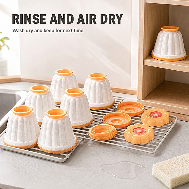 [主图-6] 8 Pcs Pudding Molds with Lids — Fluted Jelly Molds with 2 Pattern Lids for Pudding Mousse and Desserts 使用后状态图。唯一任务：展示使用后的清洗与啁干归位状态，说明可以顺手维护、重复使用；本图不重复场景氛围、尺寸参数与结构卖点。
[统一基调] 明亮通透的洁净厨房生活方式电商信息图；浅灰白与浅米色底、浅木色台面为环境色；主标题深灰褐，辅助文案中灰，强调色暖橙；全套只用一种几何无衬线粗体字，标题最粗最大、辅助文案缩小五成以上且只变字号层级不换字体；组件统一为 12px 圆角白卡配 1px 浅灰描边与 2px 线性图标；光影统一左上方明亮柔光、产品下方自然接触阴影。
[画面] 明亮通透的浅色厨房水槽旁的浅灰台面，背后是柔焦的白墙与浅木橱柜；8 个模具中 6 个倒扣在浅色金属沥水架上自然啁干，器身竖纹朝向镜头、表面残留细小水珠，盖与底座分开摆在沥水架旁边一同啁干；画面右侧浅木层柜上已有一只啁干后的模具立在原位作为归位状态；台面右下角放一块浅色海绵与一小片淡淡的清水痕，作为维护动作提示，不出现人物与多余道具；左上方主标题 "RINSE AND AIR DRY"，下方一行中灰辅助文案 "Wash dry and keep for next time"。
[光影质感] 明亮柔和的自然窗光，水珠有细赢高光与自然反光，模具、沥水架与台面都有真实接触阴影，白墙与木纹层次干净通透。
[配色] 浅灰白与浅米环境色、浅木色层柜与暖橙产品呼应；深灰褐标题、中灰辅助文案；暖橙集中在产品本体。
[文字版式] 沿用统一几何无衬线粗体；主标题最粗最大且全大写，辅助文案缩小五成以上；横排放于留白区，不遮挡产品。
[输出要求] 比例 1:1（2048×2048）；负向：多余手指、畸形手、产品变形、虚构水流或管道、水珠溢出画面、中文文字、错字、水印、平台 Logo。