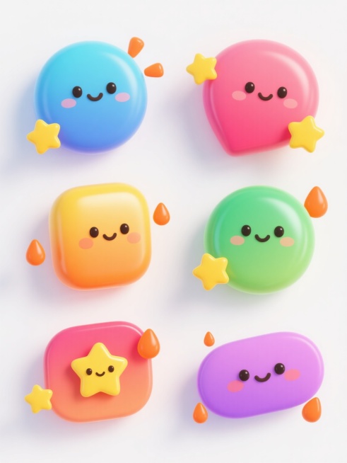 3D风格促销元素，六个不同配色、不同材质、不同样式的促销元素，整体呈Q版可爱风格，圆润的边缘处理，高饱和明亮的色彩，柔和均匀的光影，物体表面有细腻的光泽感和轻微的渐变效果，立体感强，每个元素周围点缀着黄色五角星和橙色水滴状装饰，所有元素在纯白色背景上排列整齐，构图均衡，视觉层次清晰，具有鲜明的促销氛围和吸引力。预览效果