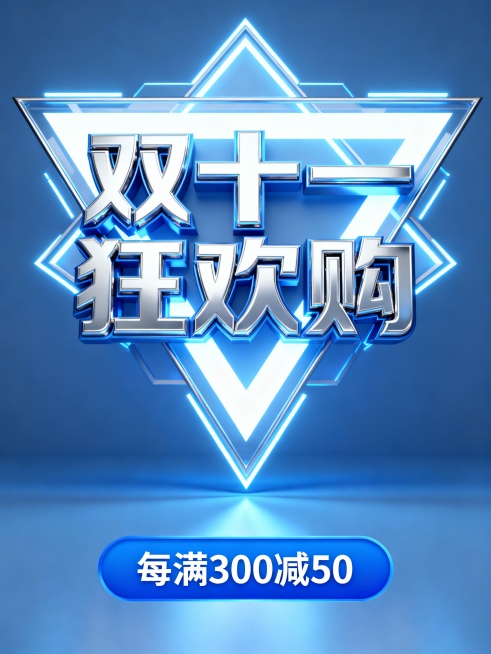 蓝白色调促销主题设计，中央是立体金属质感的“双十一 狂欢购”艺术字，背景为发光的菱形几何结构，科技感十足，下方有蓝色圆角框，框内标注“每满 300 减 50”的优惠信息，整体风格简洁现代，突出积分福利预览效果