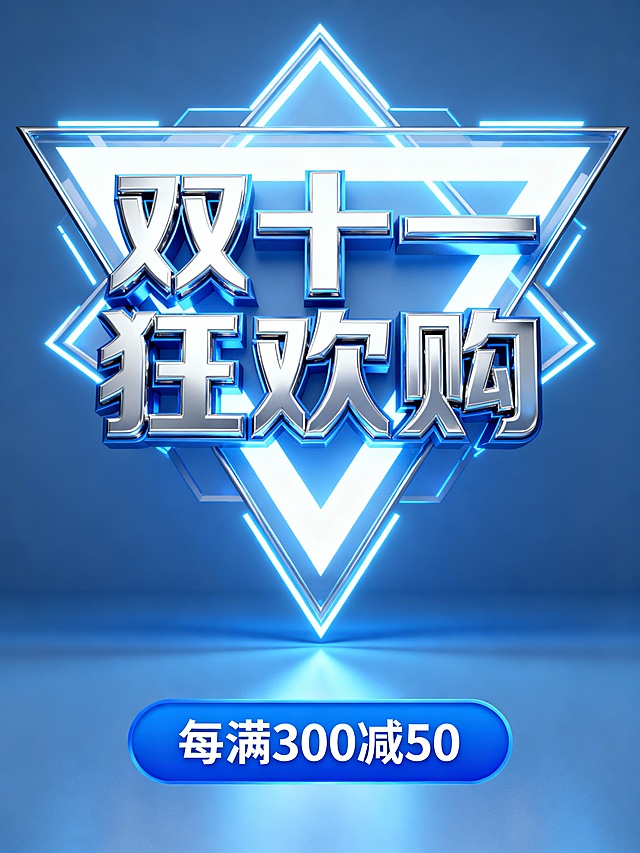 蓝白色调促销主题设计，中央是立体金属质感的“双十一 狂欢购”艺术字，背景为发光的菱形几何结构，科技感十足，下方有蓝色圆角框，框内标注“每满 300 减 50”的优惠信息，整体风格简洁现代，突出积分福利与满减促销的双重吸引力