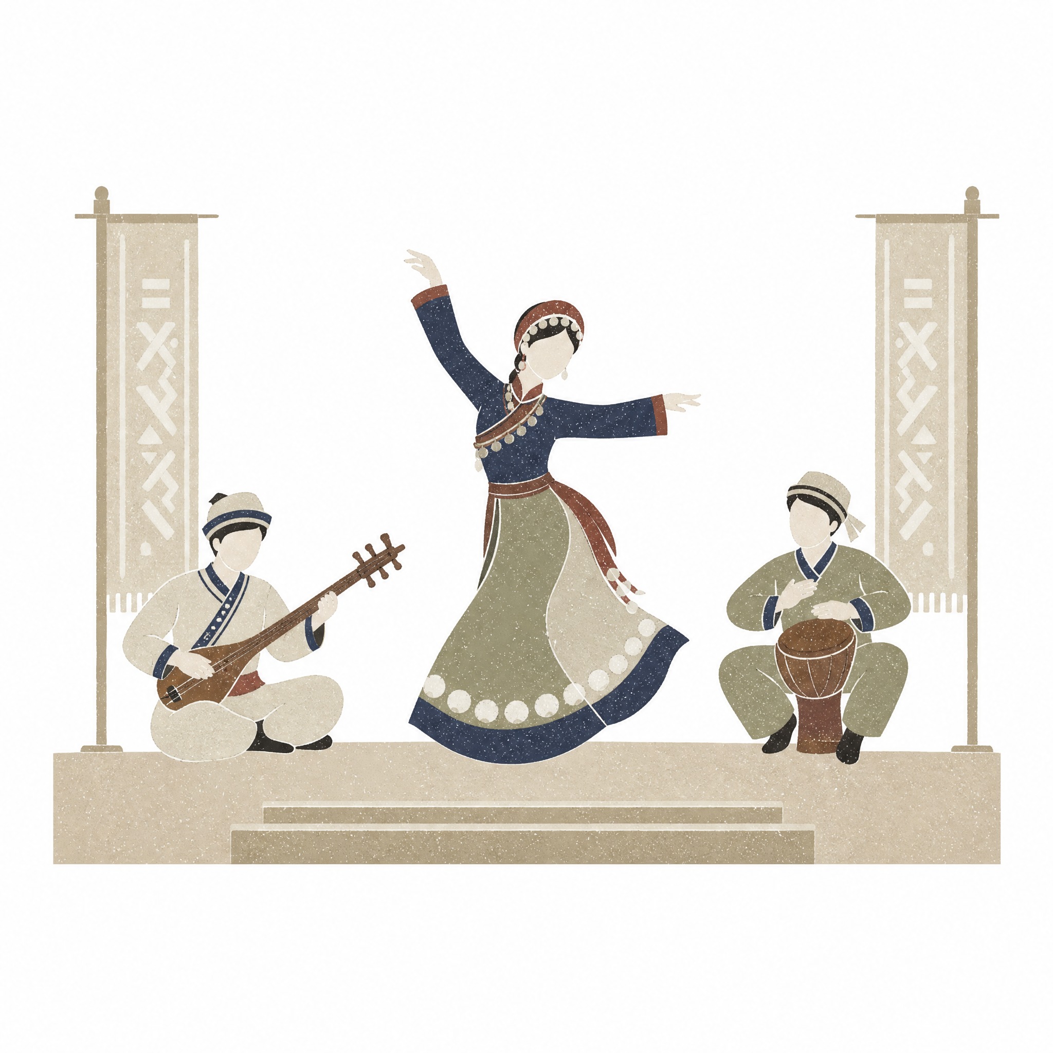 平面图形感插画，舞台上少数民族歌舞演出场景，完全纯白色背景，参… - 图片创意预览