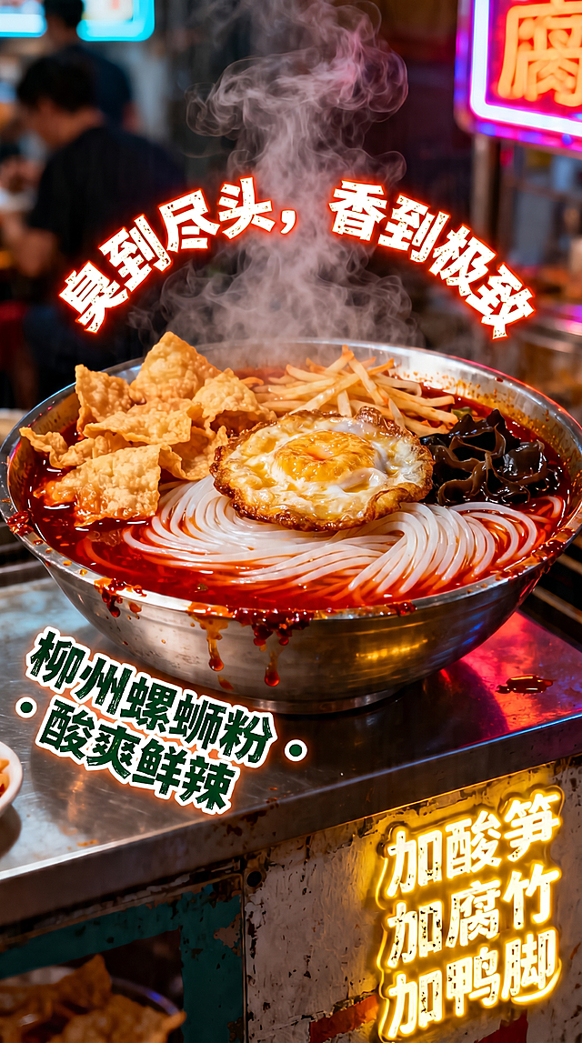 在上一张生成的柳州螺蛳粉图片基础上，在螺蛳粉碗中新增一个金黄诱人的煎蛋，保持其他内容不变：写实美食摄影，柳州夜市小吃摊，一碗刚出锅的螺蛳粉特写，红油汤底浓郁，米粉雪白弹滑，铺满金黄腐竹、脆花生、酸笋丝、木耳，加一个煎蛋，热蒸汽袅袅上升，金属碗边沾着辣油，背景模糊霓虹灯与食客身影，暖色调侧逆光，景深浅，超高清，烟火气，诱人重口味。保留原有文字内容和排版：主标题“臭到尽头，香到极致”弧形排列碗上方，荧光橙红色带霓虹光晕；副标题“柳州螺蛳粉 · 酸爽鲜辣”左下角深绿色；小字“加酸笋 加腐竹 加鸭脚”右下角霓虹黄色，文字均带发光效果。