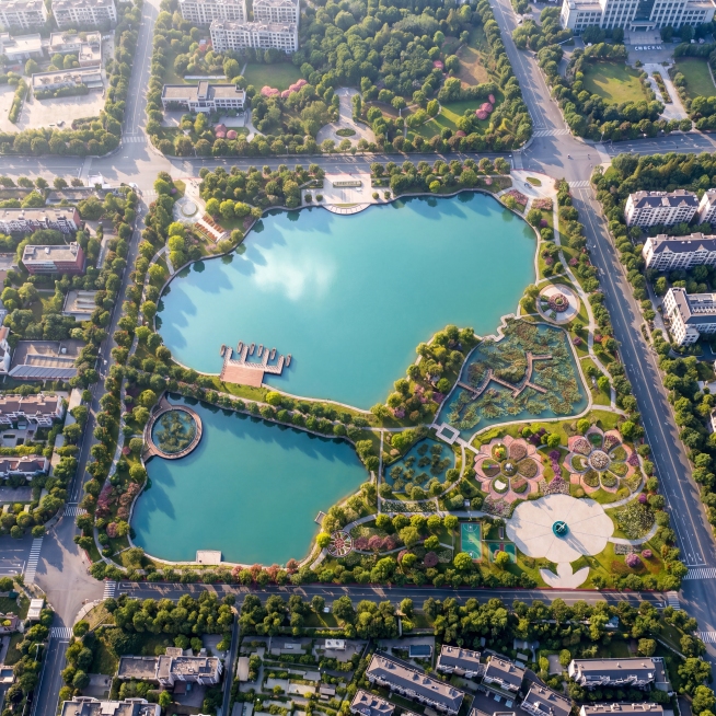 根据上色后的公园总平面图，生成写实风格的公园鸟瞰效果图，保留原平面图中水域、道路、广场和景观节点的布局，生成高空俯视视角的真实景观效果预览效果