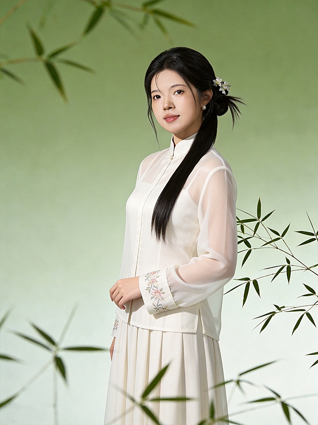 重新修改这张人像，调整得眼睛更加有神明亮，淡化口红颜色，调整笑容更加自然温柔，把衣服修改得更轻薄透气，优化身形让整体更纤细显瘦，完全移除手中的扇子，保留原图的整体国风风格、淡绿色竹子背景和人物发型发饰特征，保持高分辨率和细节清晰