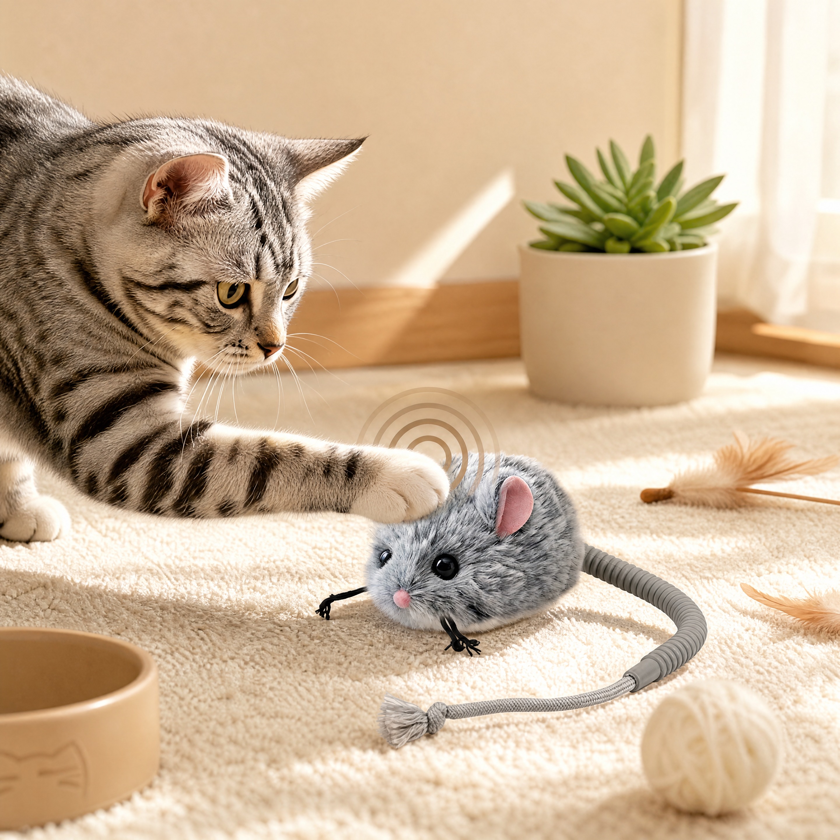 超写实宠物生活场景摄影。 主体：毛绒老鼠猫玩具严格参照上传产品… - 图片创意预览