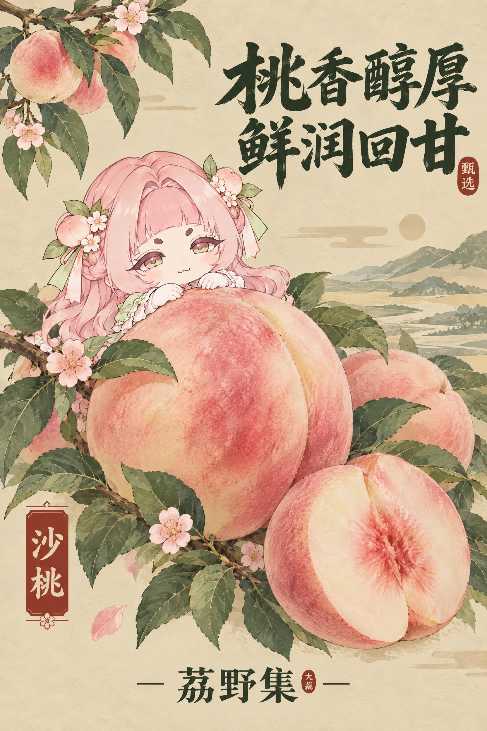 模仿图1的黄杏海报风格，生成沙桃农产品竖版海报，比例2:3。低… - 图片创意预览