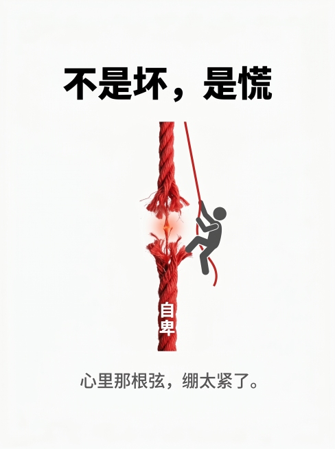 简约留白背景设计图，视觉中心是一根绷得很紧、快要断掉的绳子，绳子上写着“自卑”，旁边一个简笔画小人正在努力抓住绳子往上爬。红色警示色突出绳子，上方主文字：“不是坏，是慌”，下方副标题小字：“心里那根弦预览效果