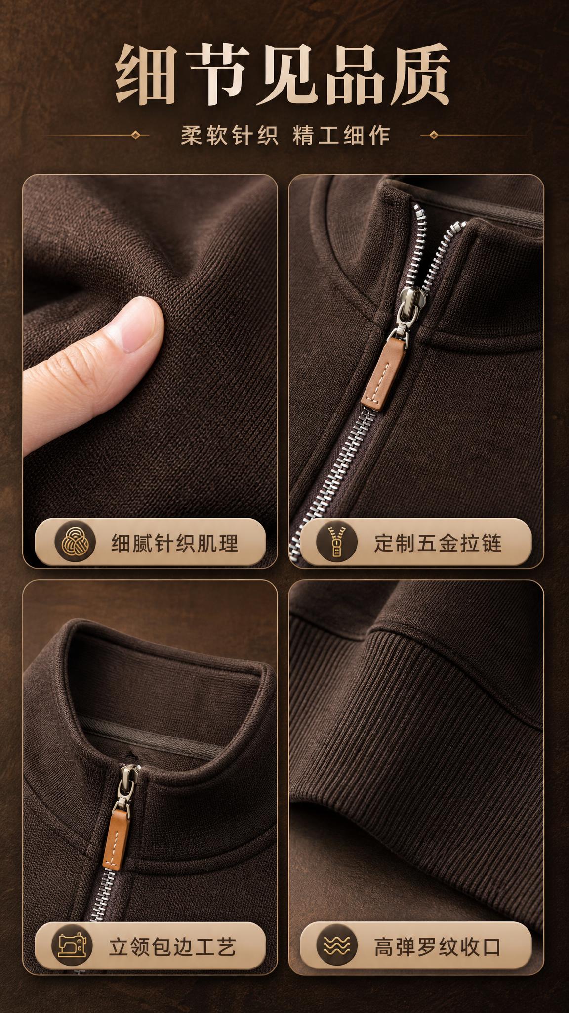 [商品] 使用【图1】深咖色男士半拉链立领针织卫衣；商品处理：… - 图片创意预览