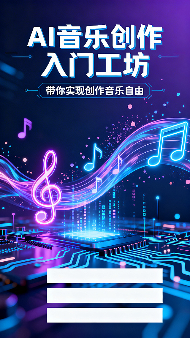 AI音乐创作入门工坊宣传海报，整体为AI科技感风格，融入流动的霓虹音符、数字粒子、光效电路板等元素，主视觉区域顶部放置大标题文字"AI音乐创作入门工坊"，其下方放置副标题文字"带你实现创作音乐自由"，字体设计富有科技未来感，画面底部预留出一块规整的空白区域，用于后期编辑填写活动时间和地点，整体配色以蓝紫渐变科技色调为主，氛围专业且充满创意感。