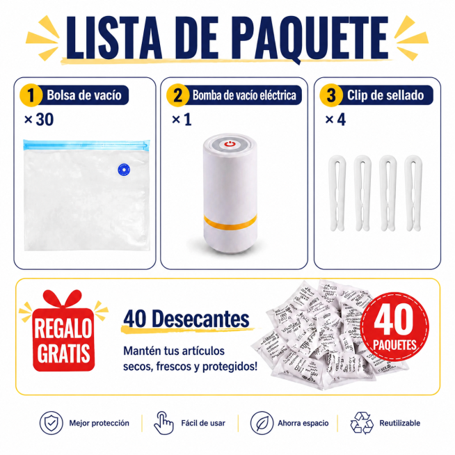产品清单图，将所有英文翻译成西班牙语：PACKAGE LIST → LISTA DE PAQUETE，Vacuum Bag ×30 → Bolsa de vacío × 30，Electric Vac预览效果