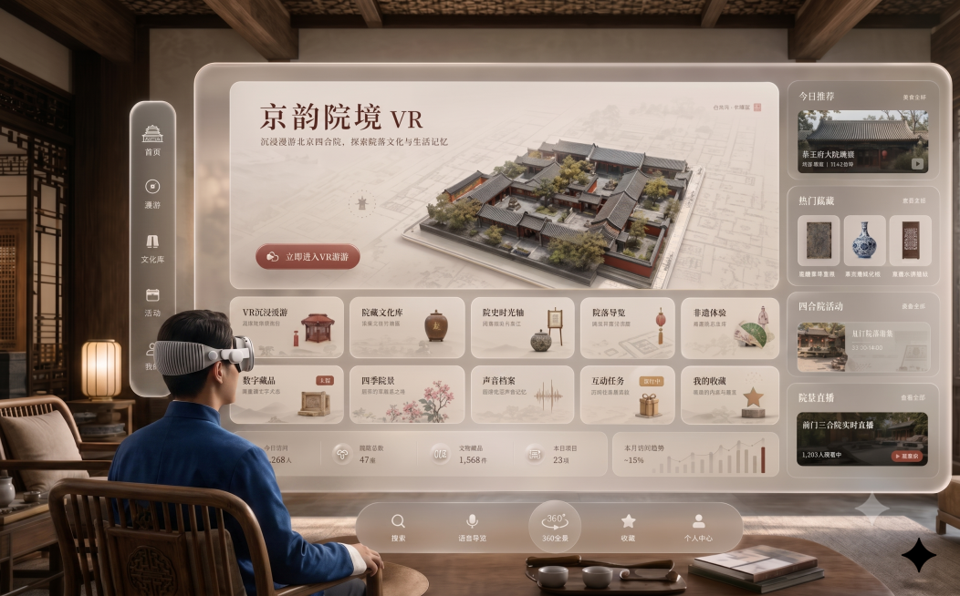 基于该京韵院境VR界面图生成该VR产品的实际体验场景展示，保留界面上的所有文字信息，展示在中式复古客厅的VR设备屏幕上，呈现出沉浸体验北京四合院的效果预览效果